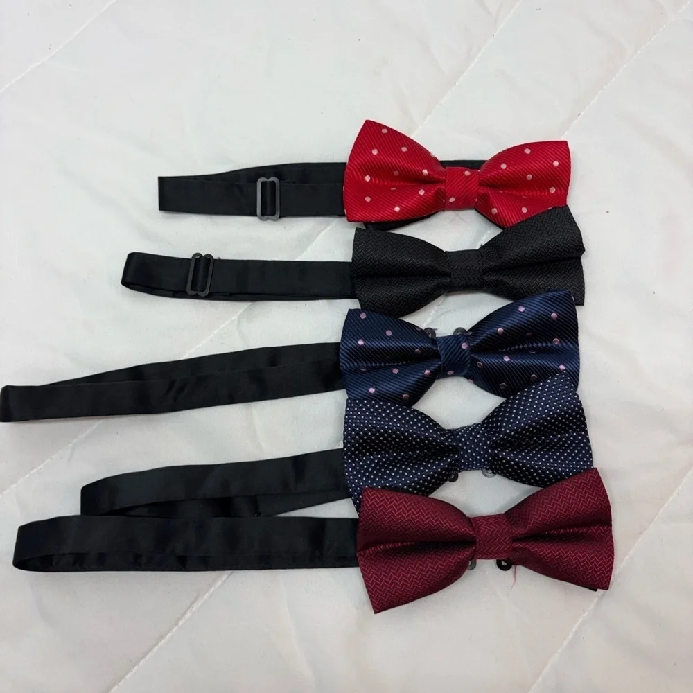 Set of 5 Formal pretie Bow Tie Set - Red, Black, Blue, polkadots adjustable